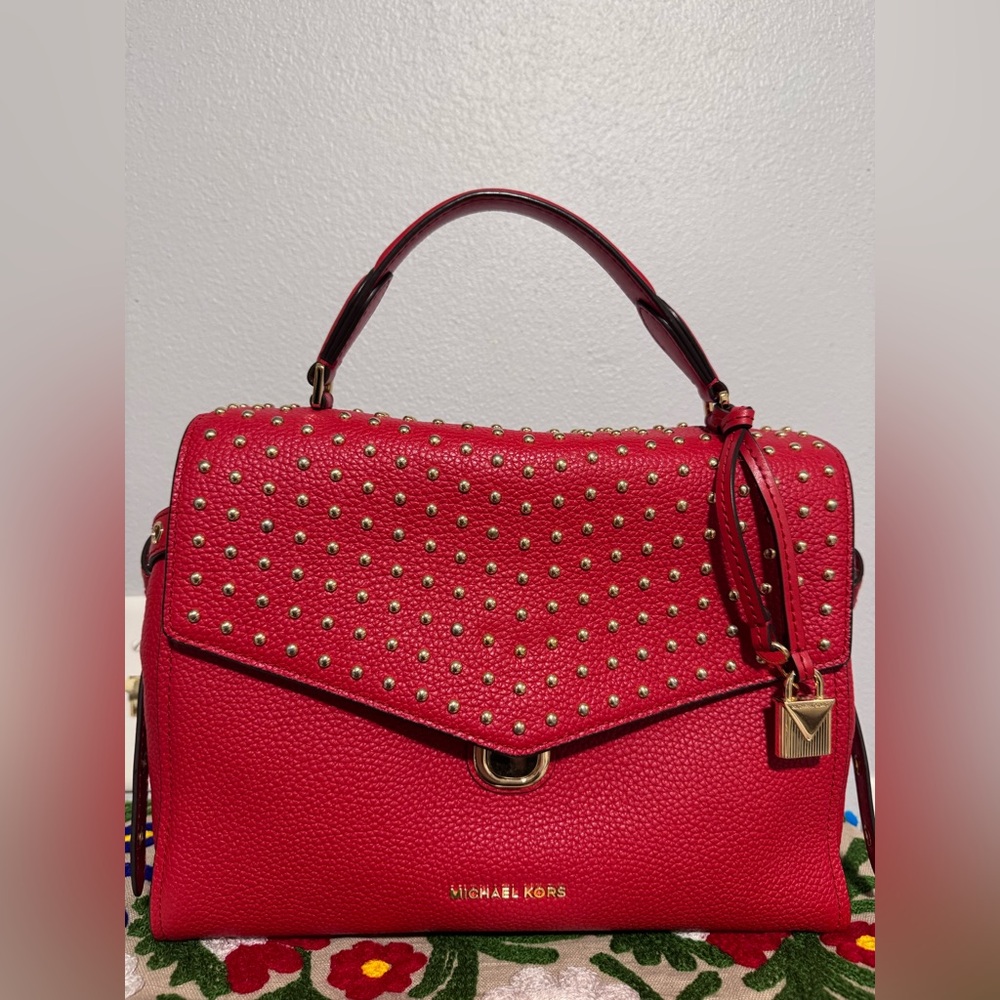 MICHAEL KORS red Bristol Medium Studded Leather Satchel crossbody bag - Picture 7 of 11